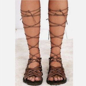 MIA Heritage Lenora Luggage Brown Leather  Tall Lace Up Gladiator Sandals NWT